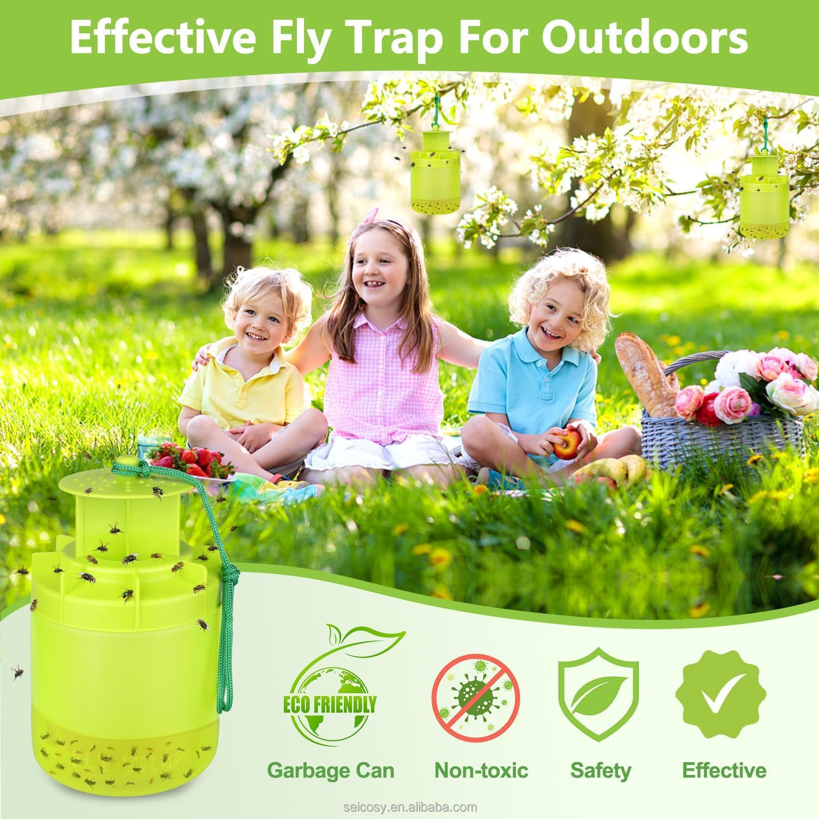 Seicosy Outdoor Fly Trap  with Fly Bait Hanging Reusable Safe Insect Catcher, Indoor Flies Killer Pest Control