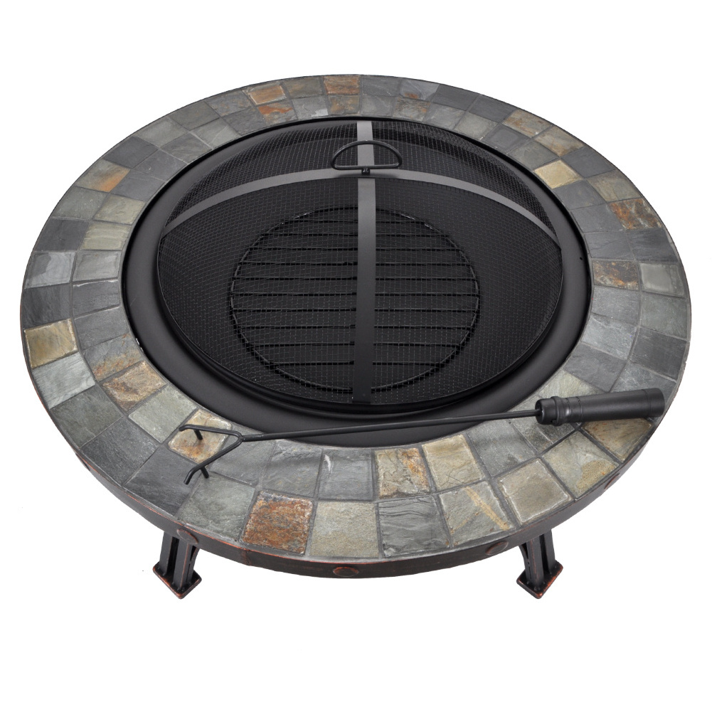 SEJR 34 Inch Outdoor Round Mosaic Fire Pit Table Slate BBQ Grills