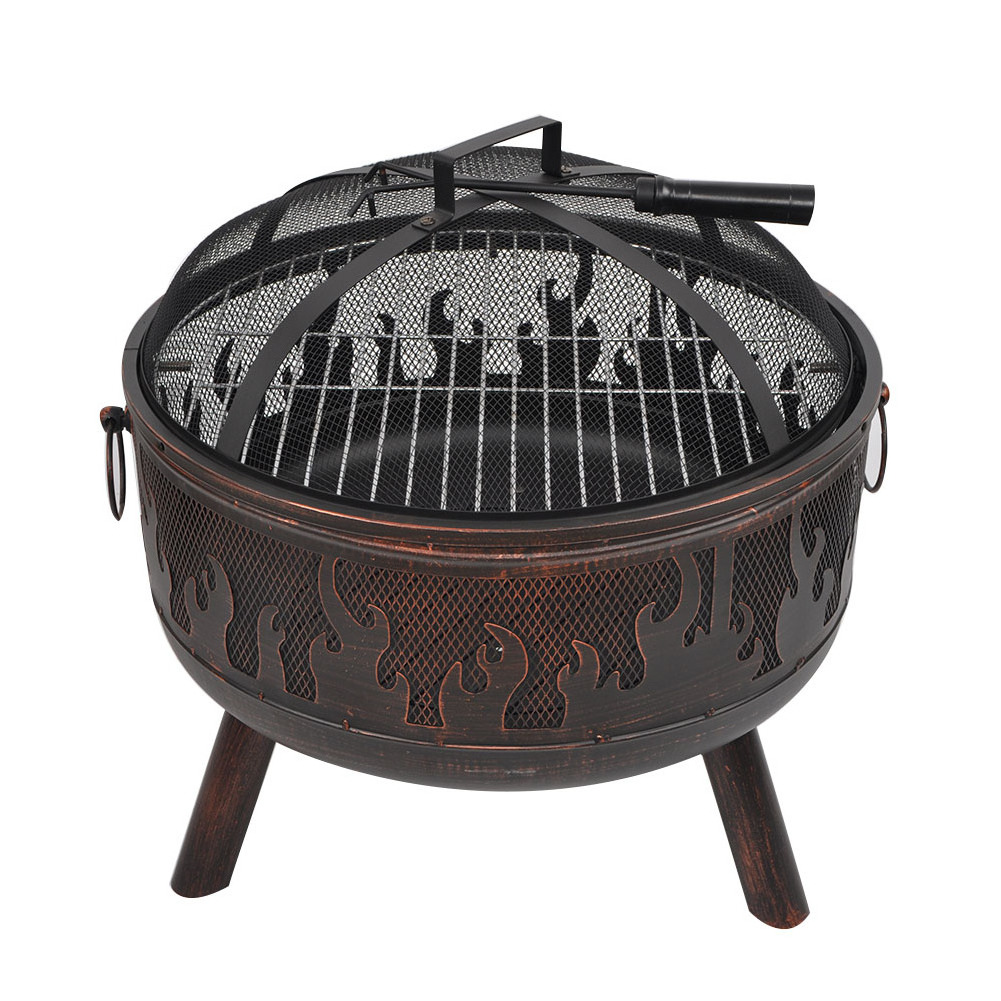 SEJR 24 Inch Bronze Copper Wood Burning Fire Pit with Cover Round Cooking Fire Pit Outdoor Patio