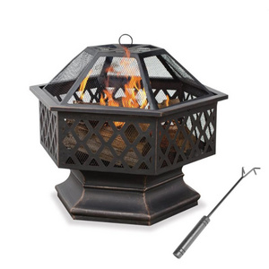 SEJR 24 Inch Bronze Steel Hexagon Wood Burning Fire Pit Deep Bowl Outdoor Indoor Garden