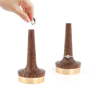 Natural Black Walnut Brass Bottom Wooden Ring Holder for Jewelry Ring Storage Ring Tower