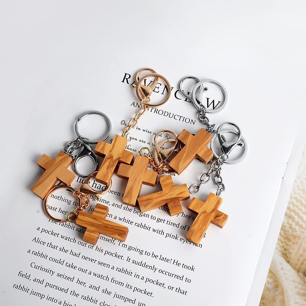 Olive Wood Cross Keyring Faith Hope and Charity Wooden Cross Keychains for School Arts and Crafts or Church Carnival Fundraising