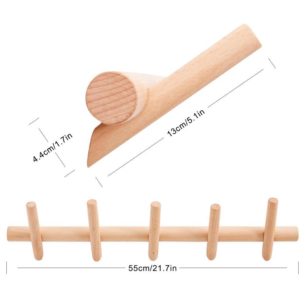 Bathroom Entryway Natural Beech Wood 5 Hooks Coat Rack Wall Hooks Wood Hook