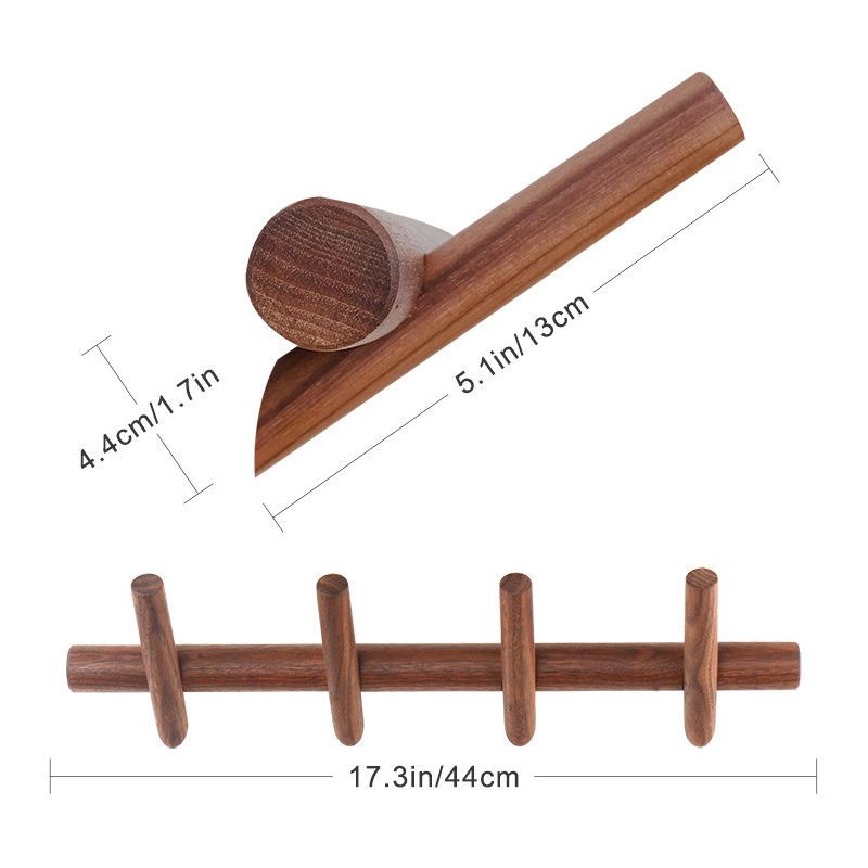 Natural Black Walnut 4 Hooks Wall Mounted Wood Coat Hooks Rack Wooden Wall Hook