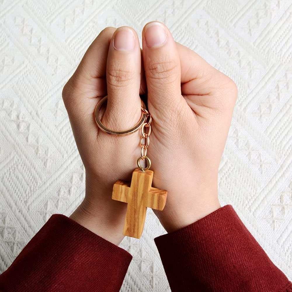 Olive Wood Cross Keyring Faith Hope and Charity Wooden Cross Keychains for School Arts and Crafts or Church Carnival Fundraising