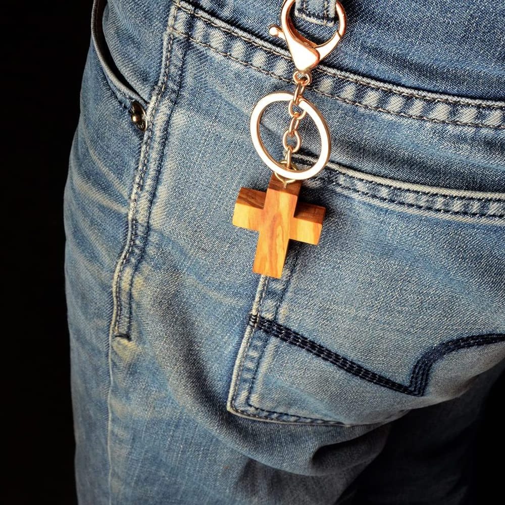 Olive Wood Cross Keyring Faith Hope and Charity Wooden Cross Keychains for School Arts and Crafts or Church Carnival Fundraising