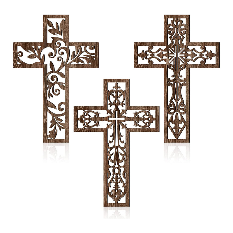 Antique Cross Hanging Brown Wooden Cross Home Decor Hand Carved Wall Crosses for Living Room Nursery Wedding