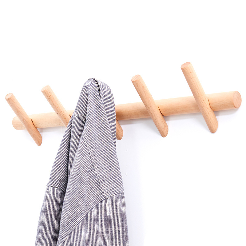 Bathroom Entryway Natural Beech Wood 5 Hooks Coat Rack Wall Hooks Wood Hook