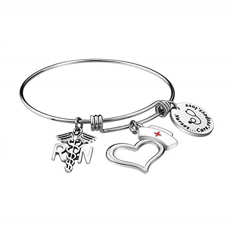 Wholesale Stainless Steel Jewelry Adjustable  Bangles Customized Logo Nurse Charm Wired Bracelet