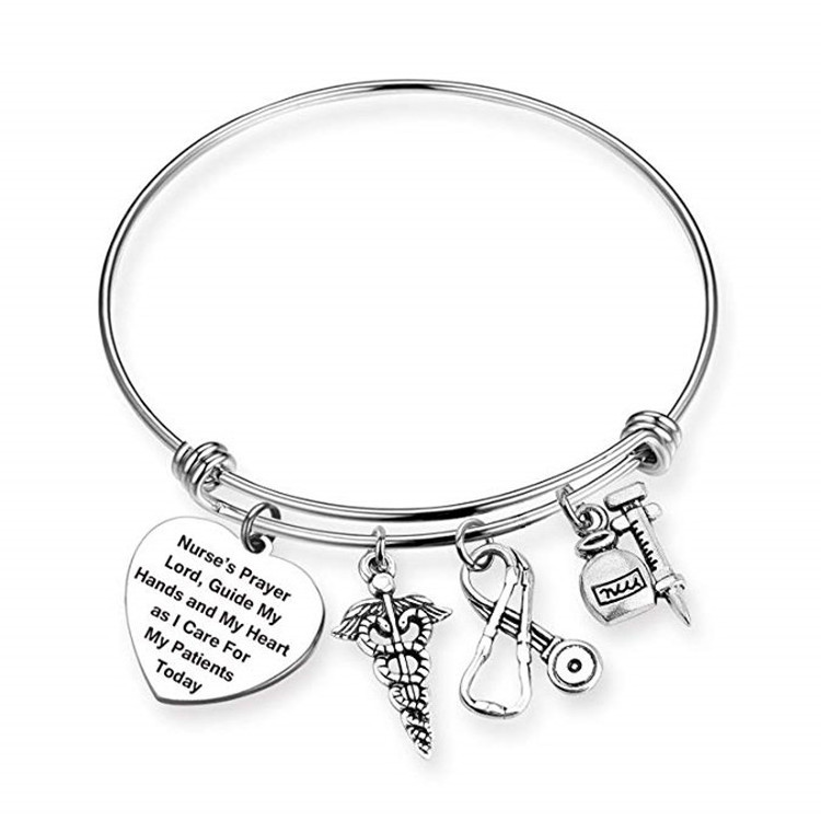 Wholesale Stainless Steel Jewelry Adjustable  Bangles Customized Logo Nurse Charm Wired Bracelet