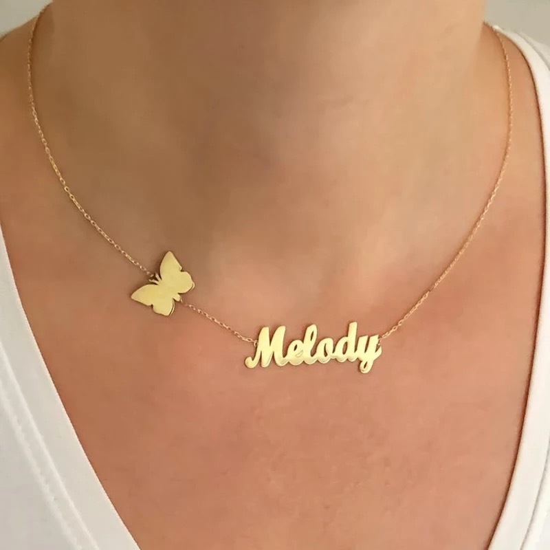 Dropshipping Fashion Stainless Steel Jewelry Personalized Initial Infinity Gold Plated Butterfly Pendant Name Necklace