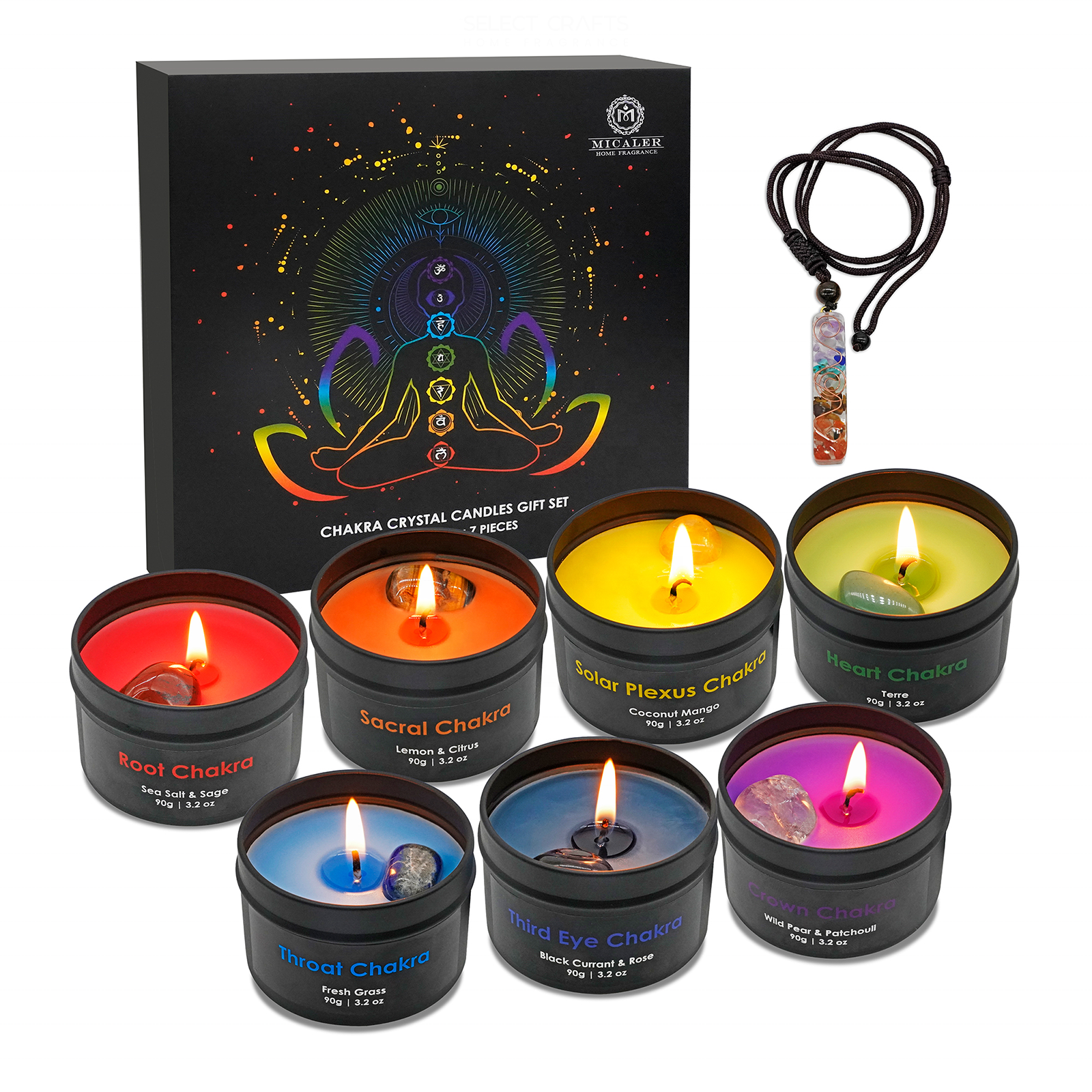 Wholesale Custom Home Decor Healing Meditation Micaler with crystals infused Scented Chakra 7 Set Tin Candles