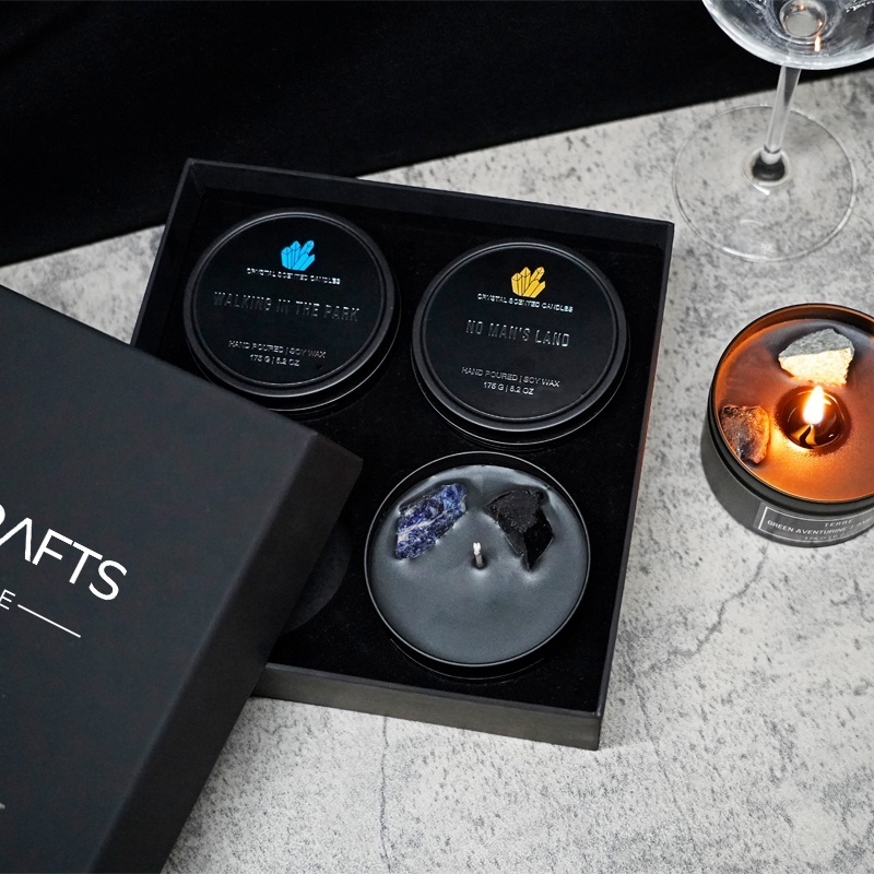 Luxury Home Fragrance Aromatherapy Gift Box Matte Black Tin  4 Pack Spiritual Crystal Scented Candles Set