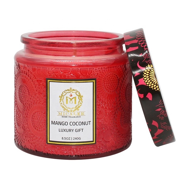 Custom Wholesale Luxury Romantic Embossed Glass Jar Scented Soy Wax Candle