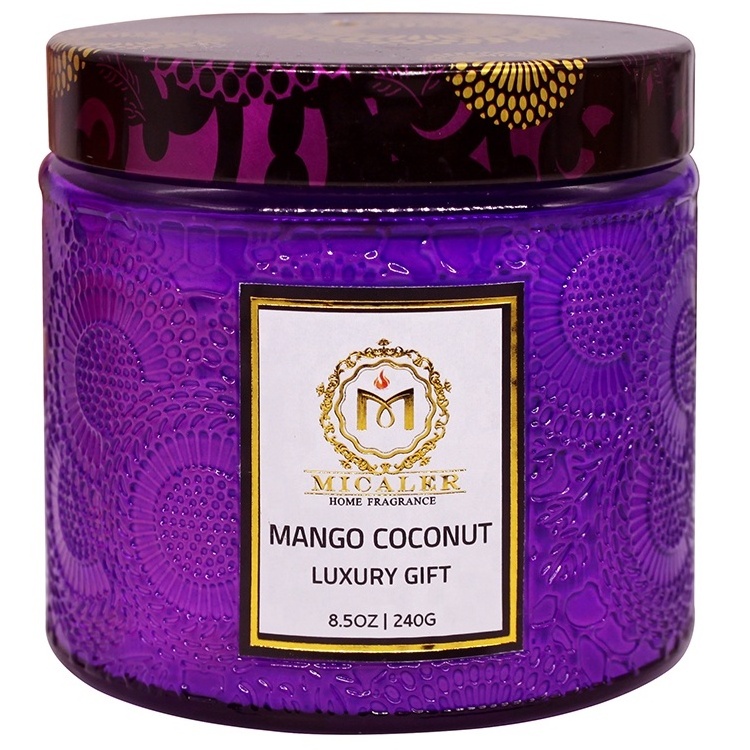 Custom Wholesale Luxury Romantic Embossed Glass Jar Scented Soy Wax Candle