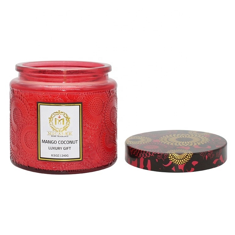 Custom Wholesale Luxury Romantic Embossed Glass Jar Scented Soy Wax Candle