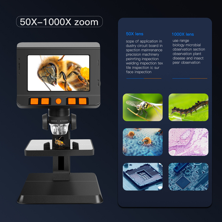 4.3  IPS display soldering  1000X 2 megapixels LCD digital electronic microscope with 8 LED holder stand