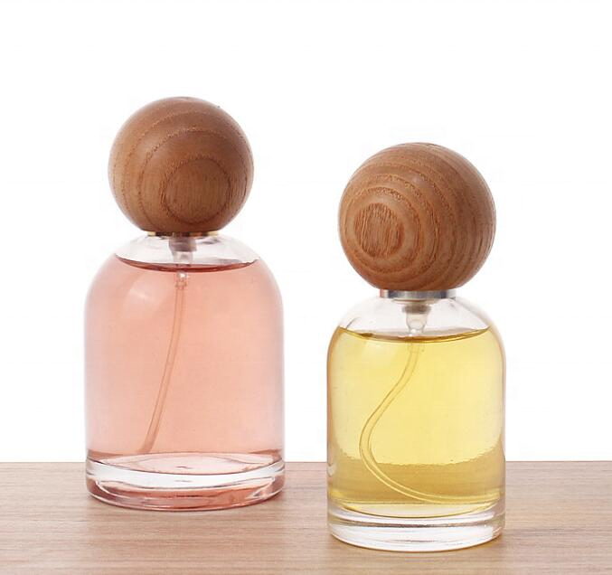 30ml 50ml empty glass perfume bottle with sphere Sprayer Cap wooden caps