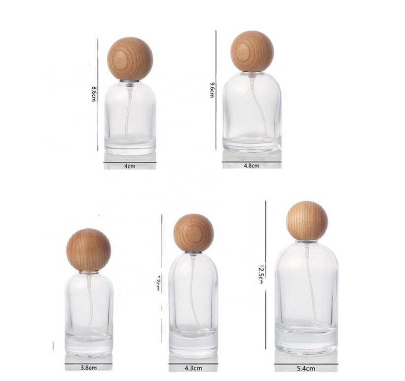 30ml 50ml empty glass perfume bottle with sphere Sprayer Cap wooden caps