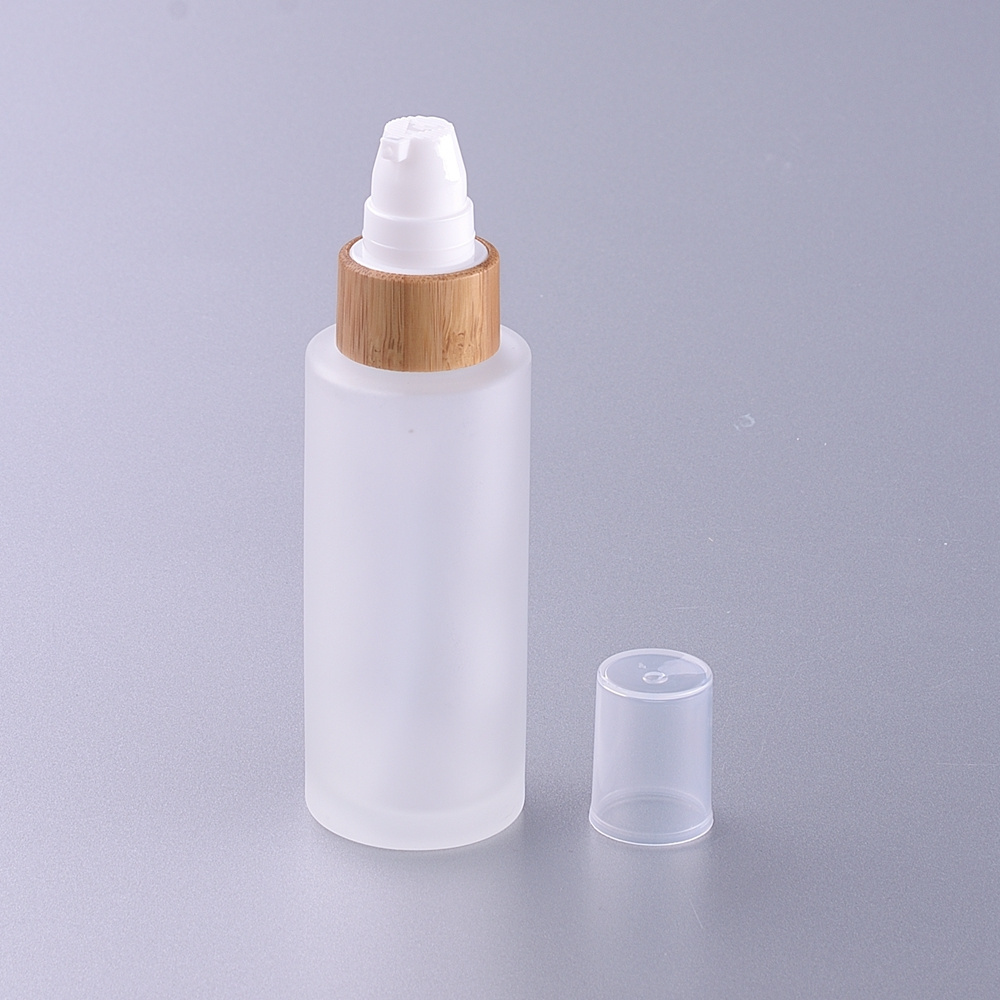 50ml frosted glass bottle with  bamboo treatment pump and bamboo cap hair oil bottles glass potion bottle