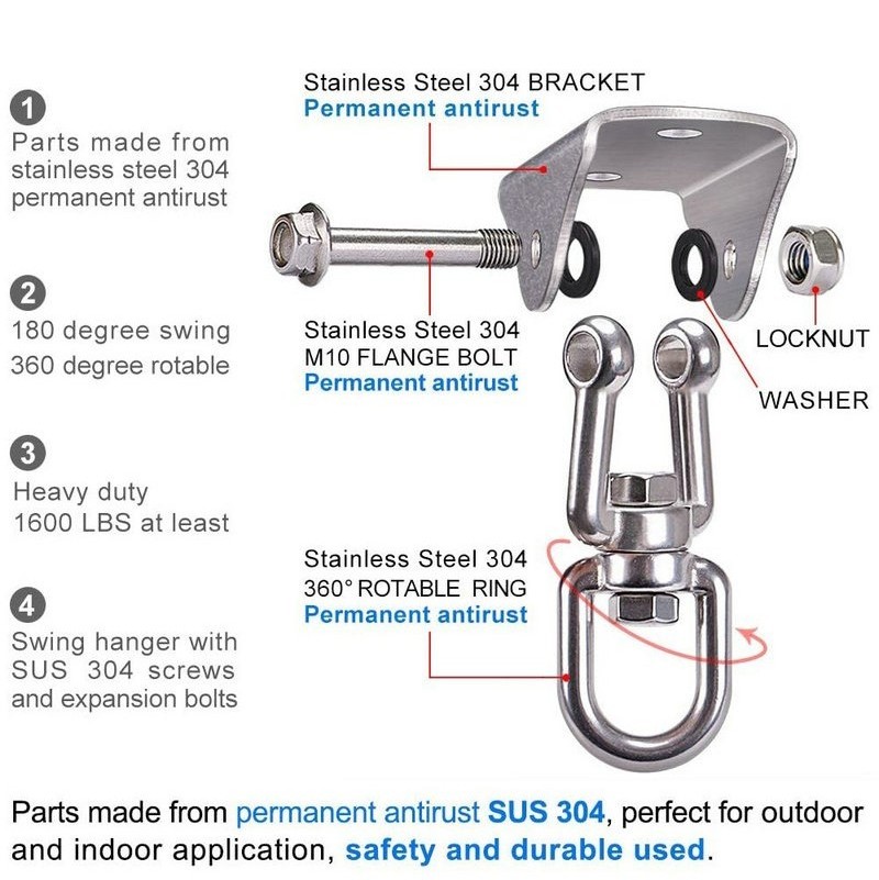 Selewell OEM heavy duty 1000LB capacity yoga hammock swing hangers set stainless steel 304 swing swivel hooks hanger