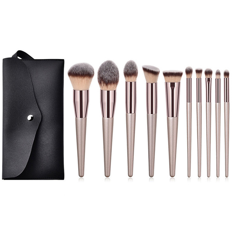 Premium High Quality 10/14 Pcs Champagne Gold Cruelty Free Makeup Brush Set with Pu Bag