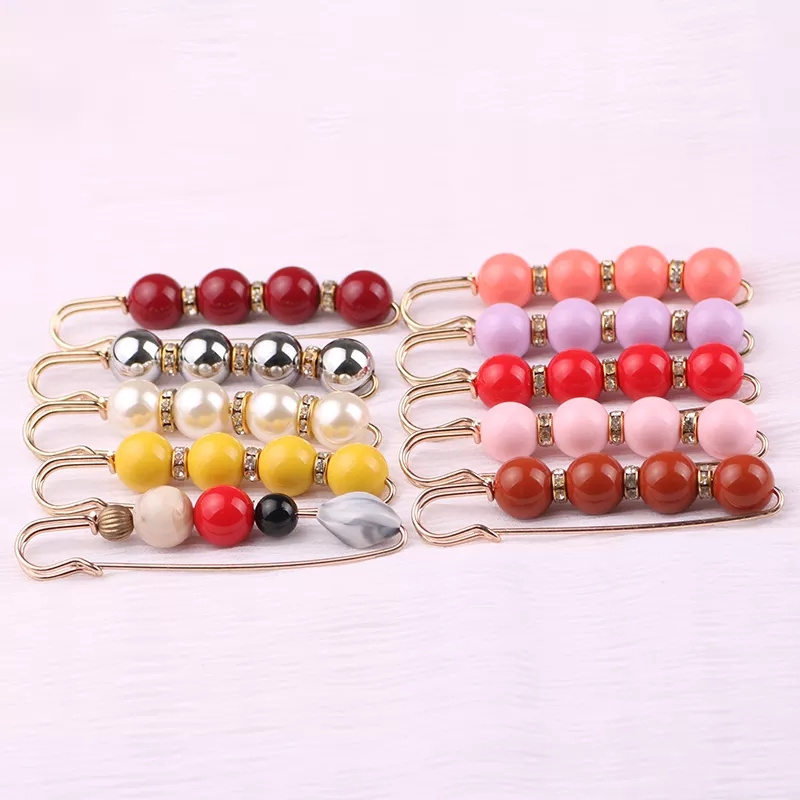 Factory hot sale gold and silver stainless steel safety loop pearls fine jewelry muslim scarf hijab safety brooch pins