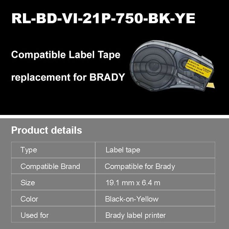 Industrial Vinyl Labels Compatible Brady M21-750-595 Label Cartridge Tape for brady BMP21 Black on Yellow 19.1MM*6.4M