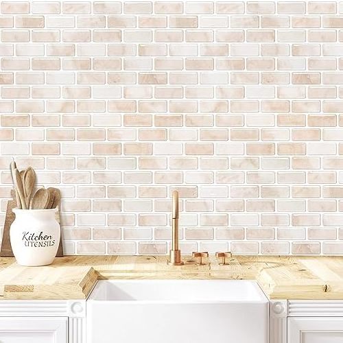 Peel and Stick Wall Tile for Backsplash, Stick on Stone Tile for Kitchen Bathroom Fireplace Vanitity in Stone Beige