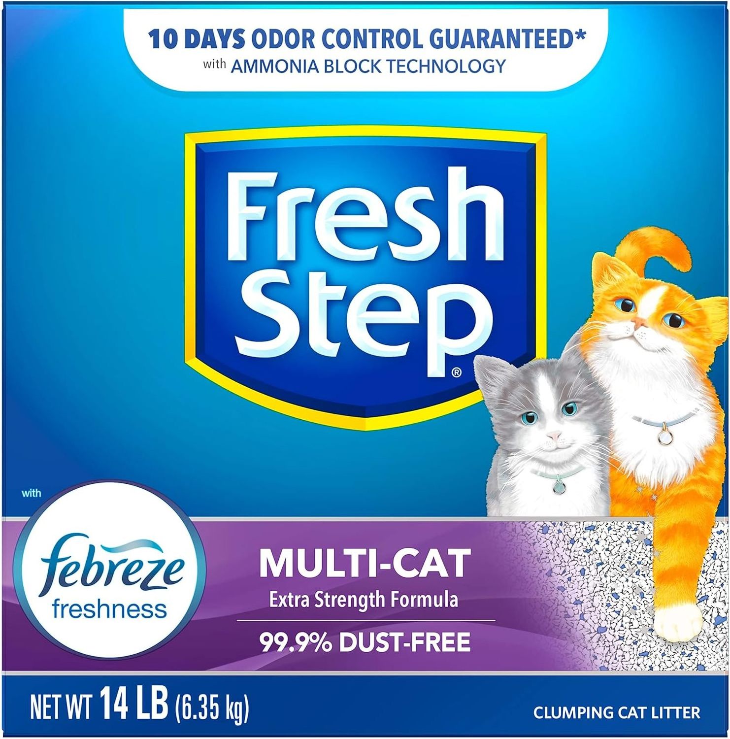 Clumping Cat Litter Multi-Cat Odor Control dust-free while fighting litter box odors with the power of Febreze in a Fresh Scent