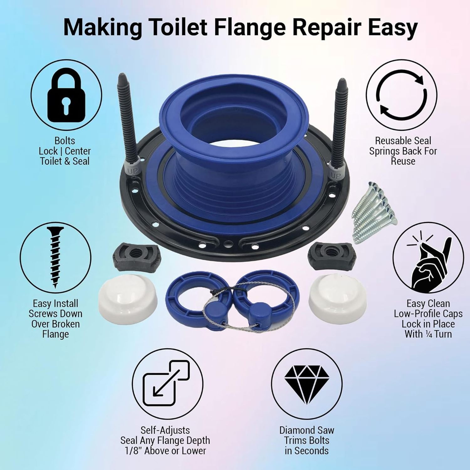 Toilet Parts: Wax Free Toilet Seal, Bolts, Toilet Bolt Caps. Universal Toilet Repair Kit. One N Done Premium T10-OND-400-DS