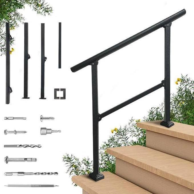 LOVMOR 2 Pack 3 Step Hand Rails for Outdoor Steps, Wrought Iron Railing, Exterior Hand Railing for Steps, Porch Railing Kit