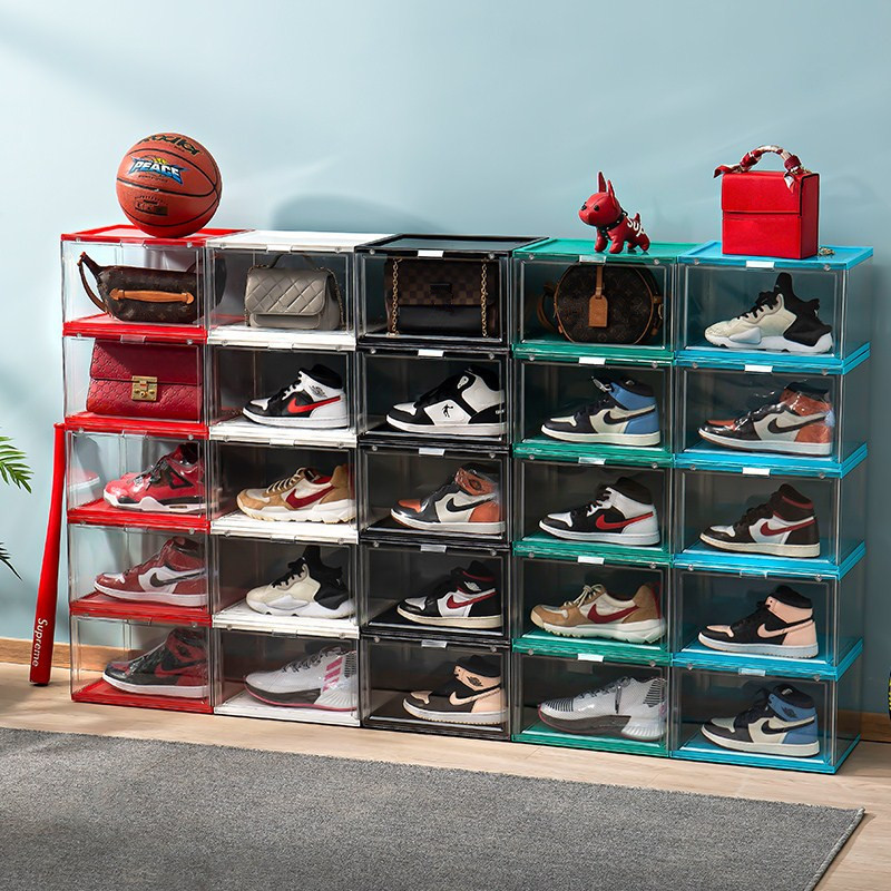 Shoe Organizer Rack Holder with Wheels Clear Magnetic Shoe Box Acrylic Stackable Display Shoe Boxes Storage