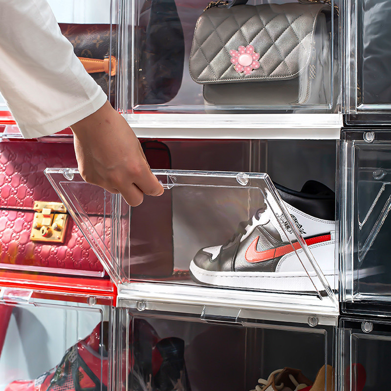 Shoe Organizer Rack Holder with Wheels Clear Magnetic Shoe Box Acrylic Stackable Display Shoe Boxes Storage