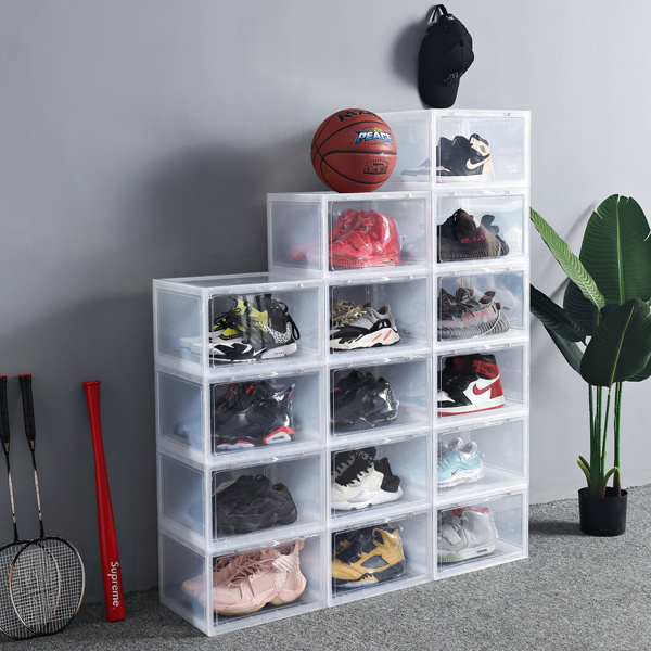 Customized Transparent Stackable Shoe Box Storage Clear Acrylic Plastic Magnetic Shoe Crate Display Case Clear Sneaker Shoe Box