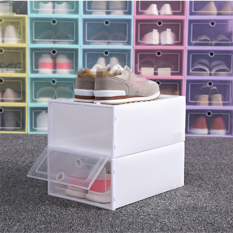 Foldable hard plastic shoe storage box drop front plastic shoe organizer for women kids shoes storage