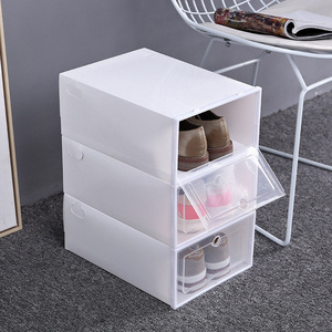 Foldable hard plastic shoe storage box drop front plastic shoe organizer for women kids shoes storage