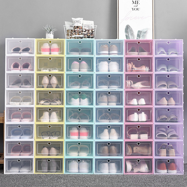 Foldable hard plastic shoe storage box drop front plastic shoe organizer for women kids shoes storage