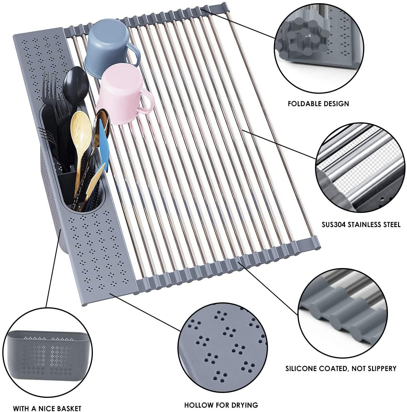 Portable Roll Up Dish Drying Rack Over The Sink Stainless Steel Dish with Utensil Holder Foldable Sink Rack for Kitchen Sink