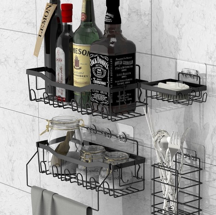 No Drilling Shower Caddy Shelf Organizer 5 Packs Adhesive Black Bathroom Accessories Toiletries Organization