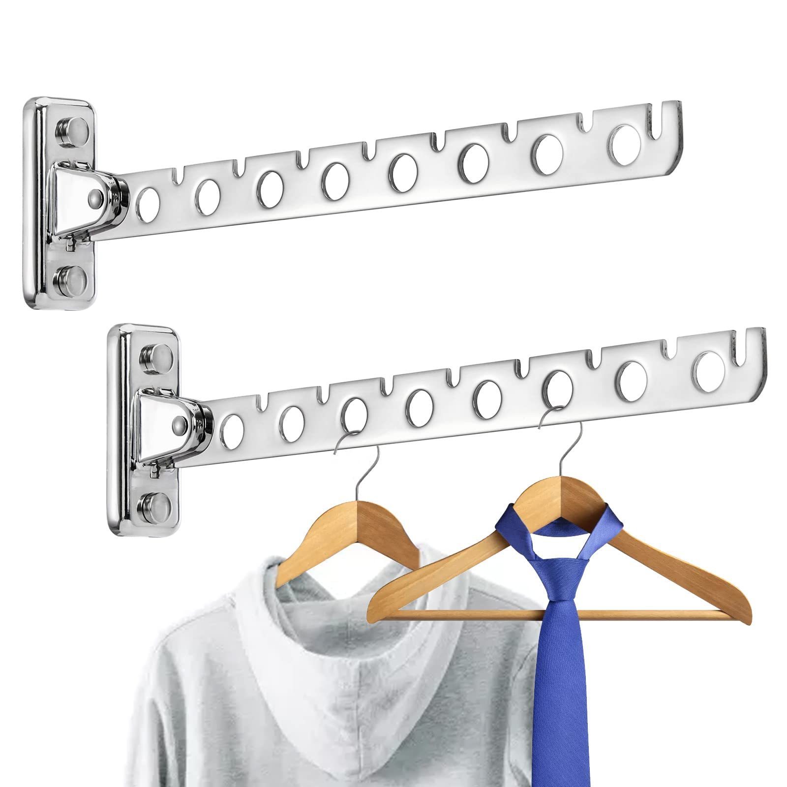 Stainless Steel Clothes Hanger Rack, Wall Mounted Folding Garment Hooks, Space Saver Clothing and Closet Rod Storage Organizer