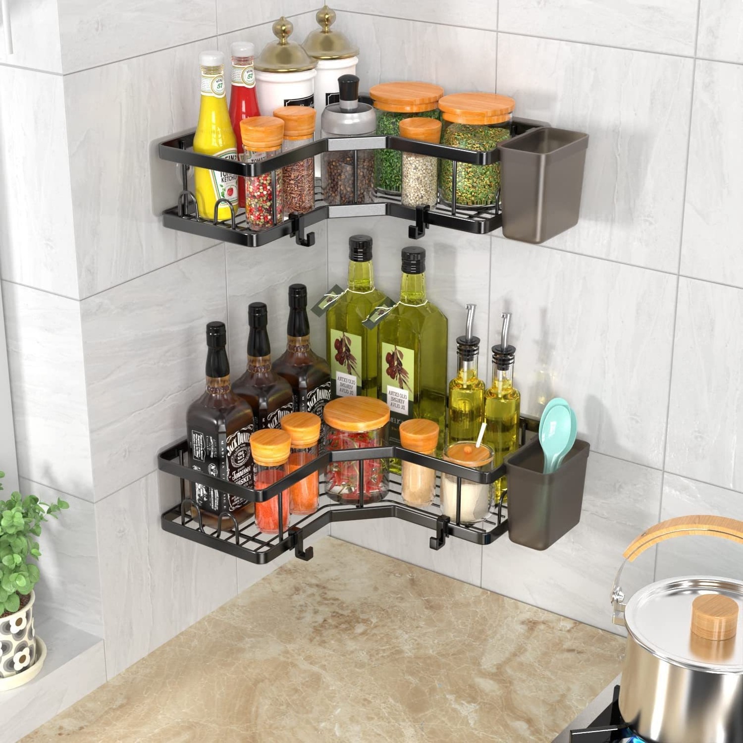 Corner Shower Caddy No Drill Wall Mounted Bathroom Shelves with Soap Tray,Toothbrush Holder and 4 Hooks