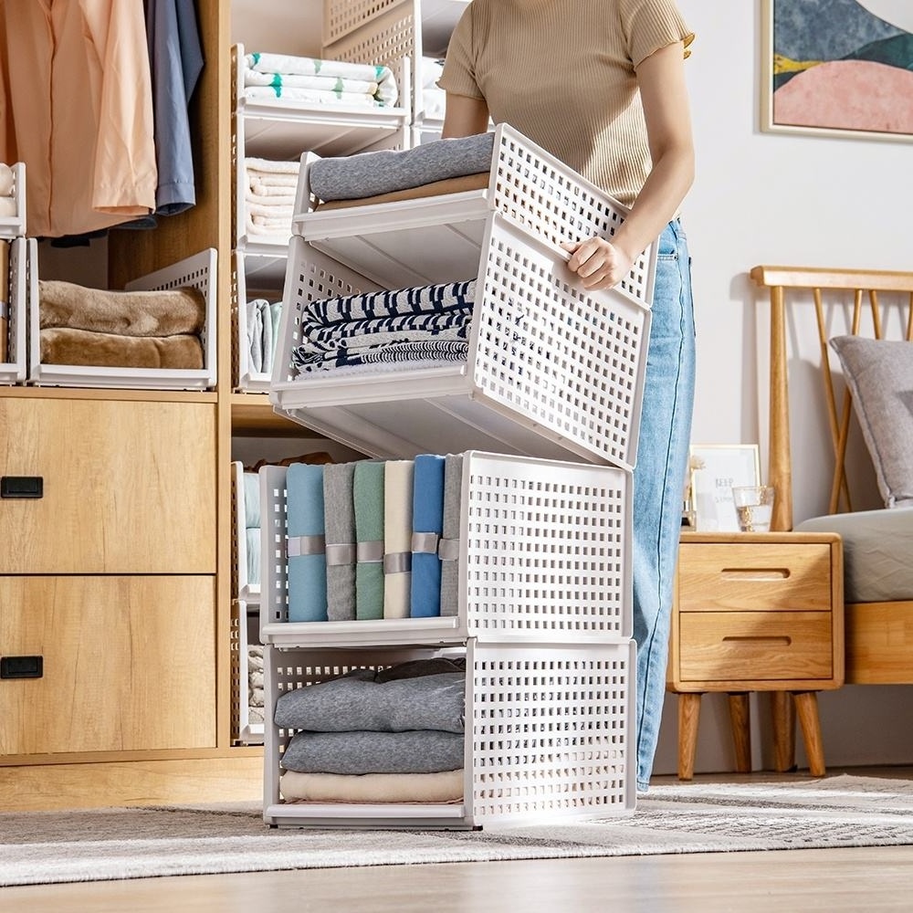 Stackable Wardrobe Storage Box, Plastic Drawer Organizer, Foldable Clothes Shelf Baskets, Folding Containers Bins Cubes