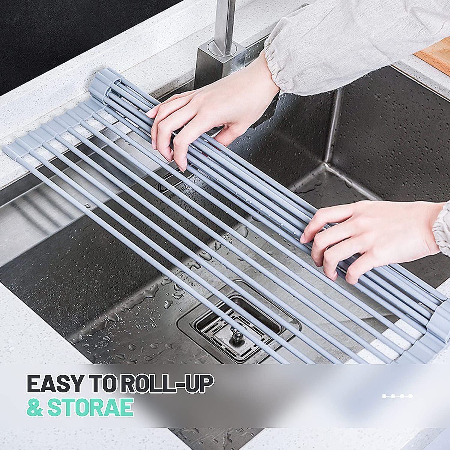 Portable Roll Up Dish Drying Rack Over The Sink Stainless Steel Dish with Utensil Holder Foldable Sink Rack for Kitchen Sink