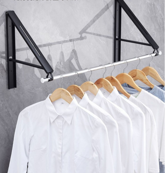 Double Foldable Clothing Rack w/Extension Rod, Wall-Mounted Retractable Clothes Hanger Small Collapsible Folding Garment Racks