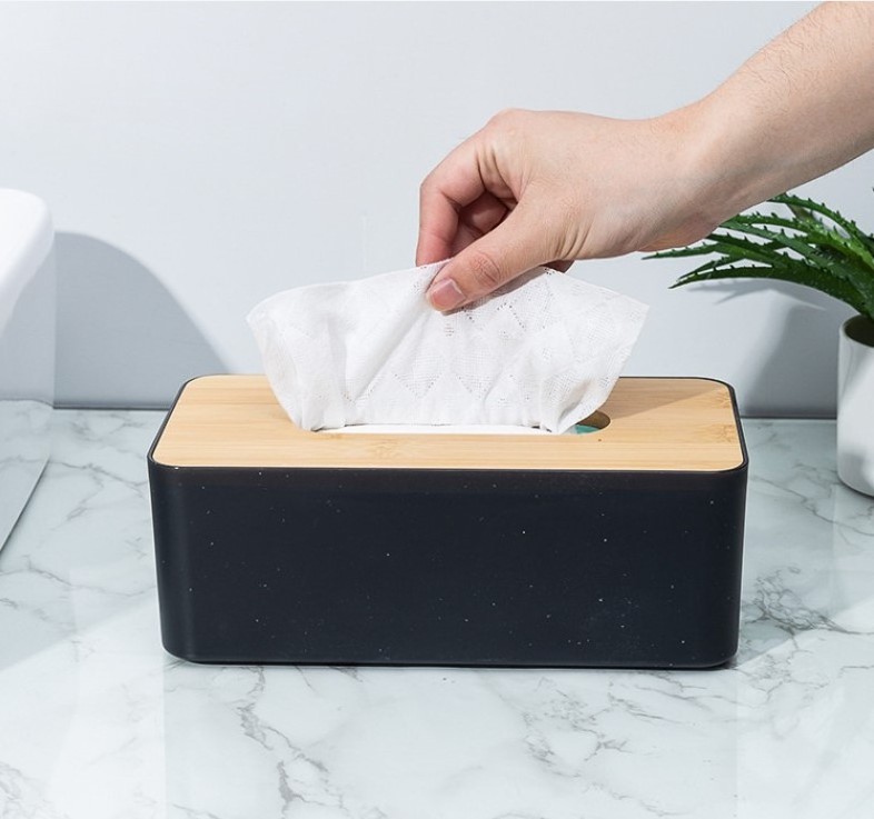 Bathroom Facial Napkin Box Holders, Table Clear Dryer Sheet Dispenser for Bathroom Plastic Tissue Box with Bamboo Lid