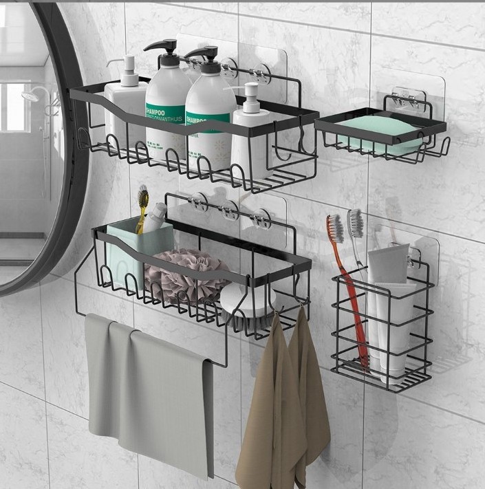 No Drilling Shower Caddy Shelf Organizer 5 Packs Adhesive Black Bathroom Accessories Toiletries Organization