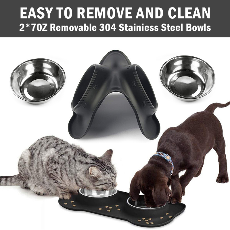 Food grade silicone material non-slip pet dog cat feeder drinking double bowl with two stainless steel food water bowl