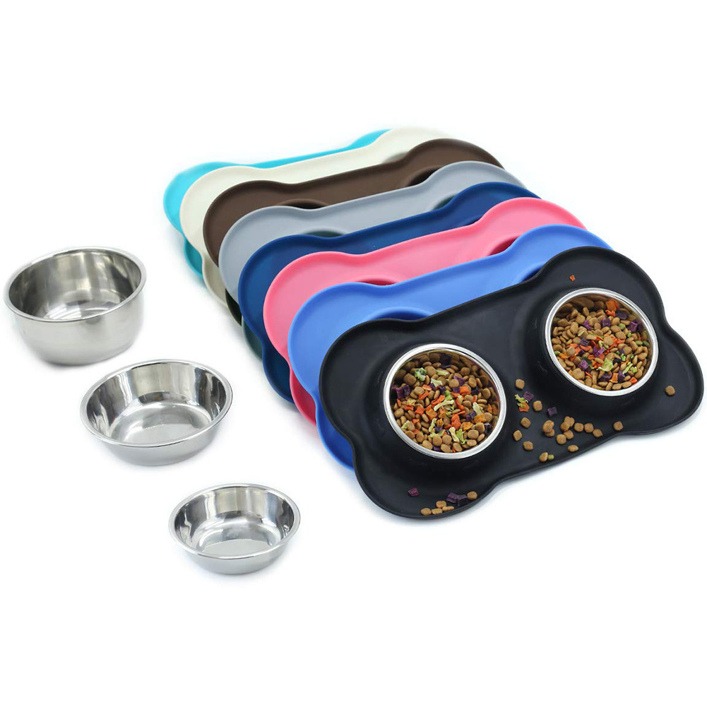 Food grade silicone material non-slip pet dog cat feeder drinking double bowl with two stainless steel food water bowl