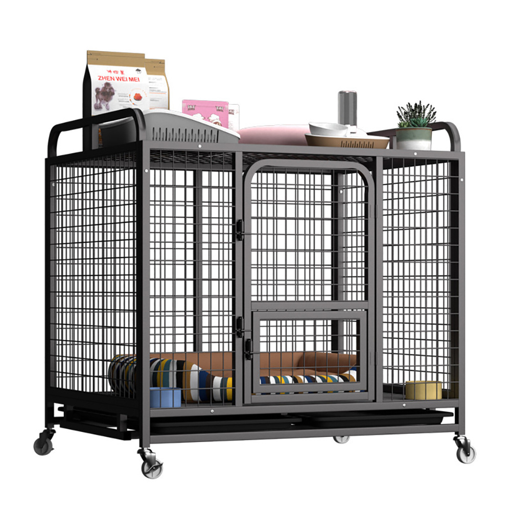 Advanced Bold Galvanized Pipe Dog Cage Strong Durable Top Storage Function Metal Dog Crate with Wheels